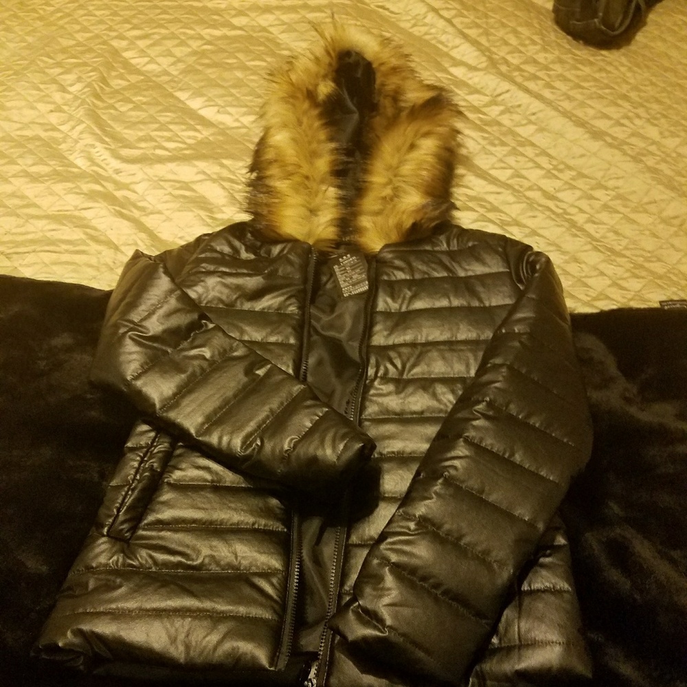 Hooded Collar Black Fur Coat